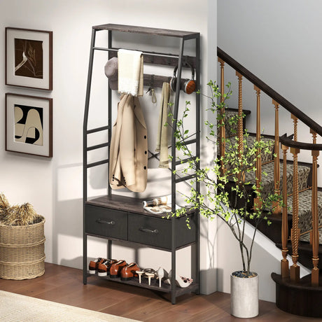 HOMCOM Coat Rack with Shoe Storage, Hall Tree, Industrial Coat Stand with Shoe Bench, 10 Removable Hooks, 2 Fabric Drawers and Clothes Rail for Entryway, Hallway, Grey