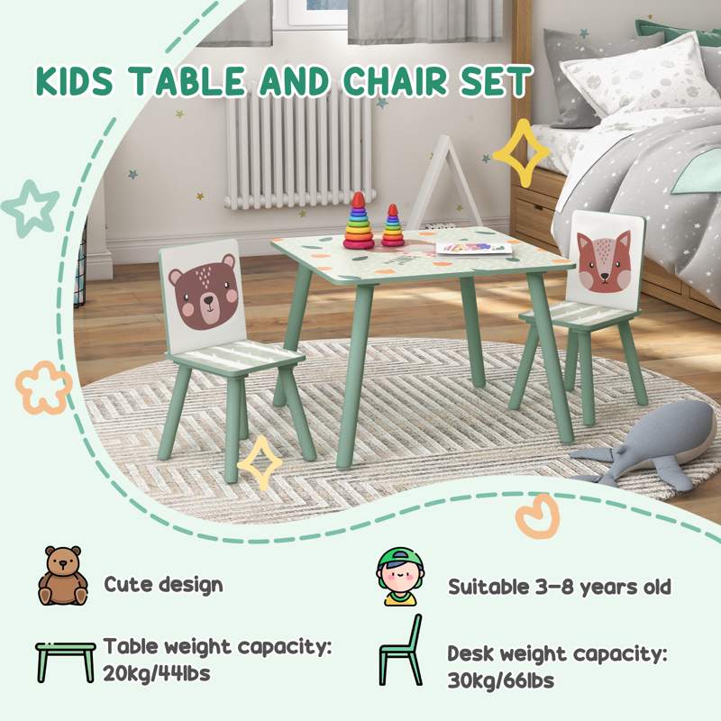 ZONEKIZ Kids and Table Chairs, Children Desk with Two Chairs, Toddler Furniture Set, for Ages 3-6 Years - Green