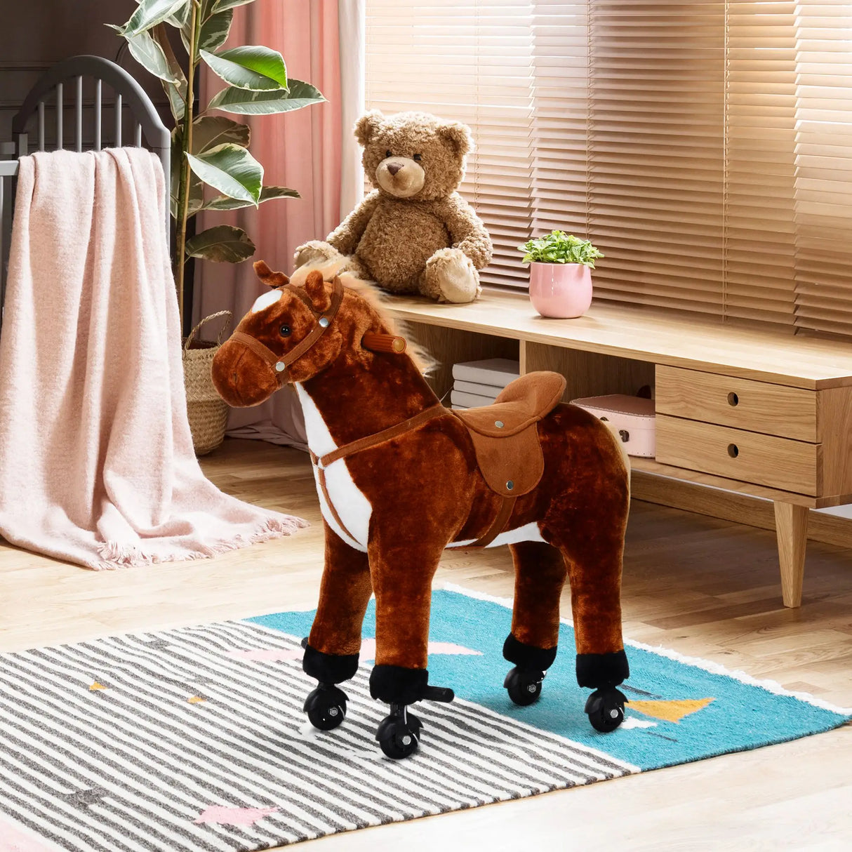 HOMCOM Plush Walking Horse Ride On Toy with Wheels and Realistic Sounds Rocking Horse for Girls Boys 2+ Years Old, 50cm Tall, Brown