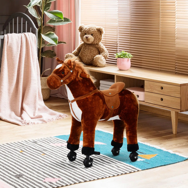 HOMCOM Plush Walking Horse Ride On Toy with Wheels and Realistic Sounds Rocking Horse for Girls Boys 2+ Years Old, 50cm Tall, Brown