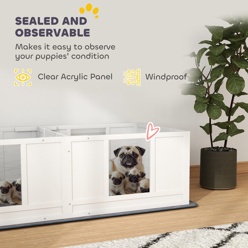 PawHut Two Room Design, Whelping Box for Dogs with Whelping Pad, Clear Panels, Adjustable Entrance, for Small Dogs, 164 x 80cm