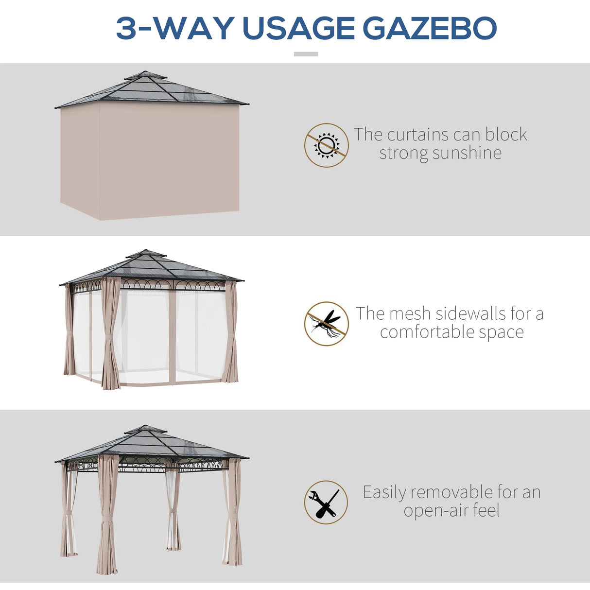 Outsunny 3 x 3 (m) Outdoor Polycarbonate Gazebo, Double Roof Hard Top Gazebo with Galvanised Steel Frame, Nettings & Curtains for Garden, Lawn, Patio and Deck, Khaki