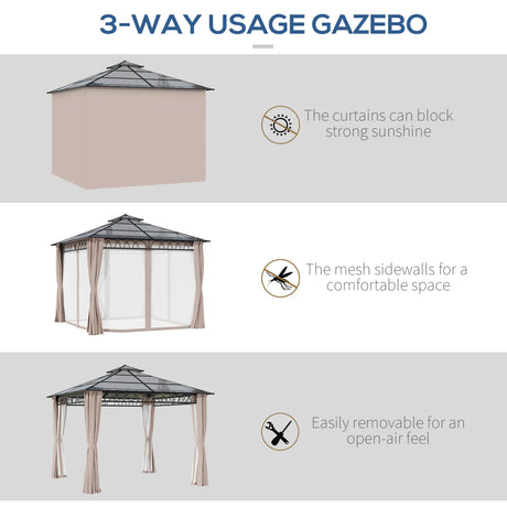 Outsunny 3 x 3 (m) Outdoor Polycarbonate Gazebo, Double Roof Hard Top Gazebo with Galvanised Steel Frame, Nettings & Curtains for Garden, Lawn, Patio and Deck, Khaki