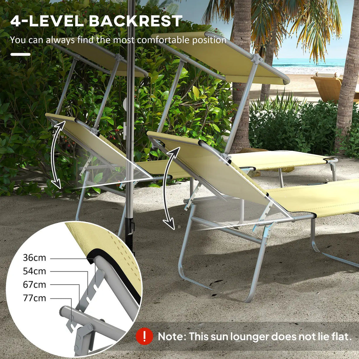 Outsunny Outdoor Foldable Sun Lounger Set of 2, 4 Level Adjustable Backrest Reclining Sun Lounger Chair with Angle Adjust Sun Shade Awning for Beach, Garden, Patio, Beige
