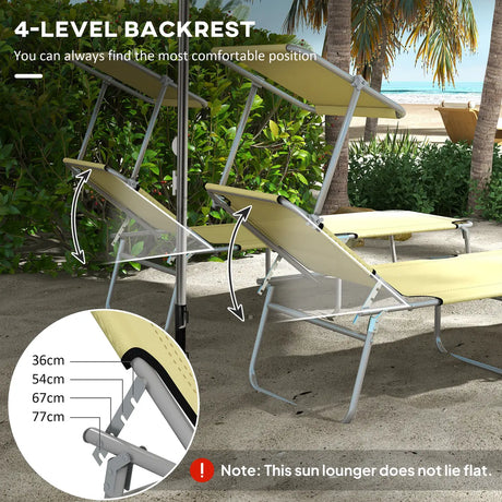 Outsunny Outdoor Foldable Sun Lounger Set of 2, 4 Level Adjustable Backrest Reclining Sun Lounger Chair with Angle Adjust Sun Shade Awning for Beach, Garden, Patio, Beige