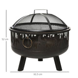 Outsunny Metal Firepit Bowl Outdoor 2-In-1 Round Fire Pit w/ Lid, Grill, Poker, Handles for Garden, Camping, BBQ, Bonfire, Wood Burning Stove, 61.5 x 61.5 x 52cm, Black