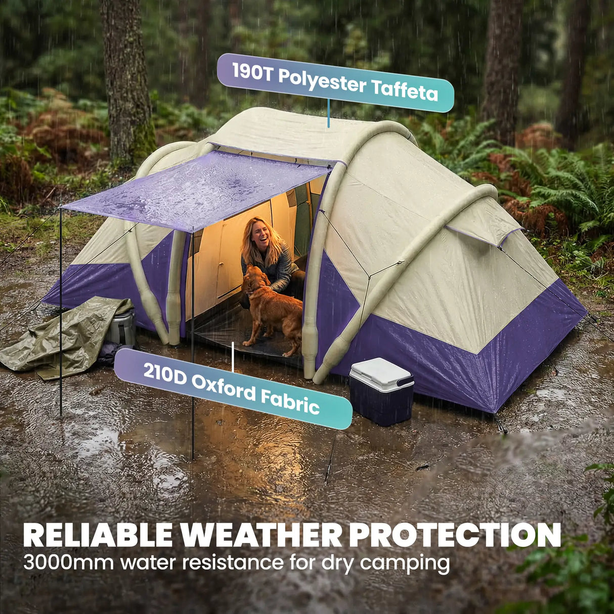 Outsunny Inflatable Tent 2 Bedroom 3000mm Waterproof Windproof Air Tent with Carry Bag for 4 Person