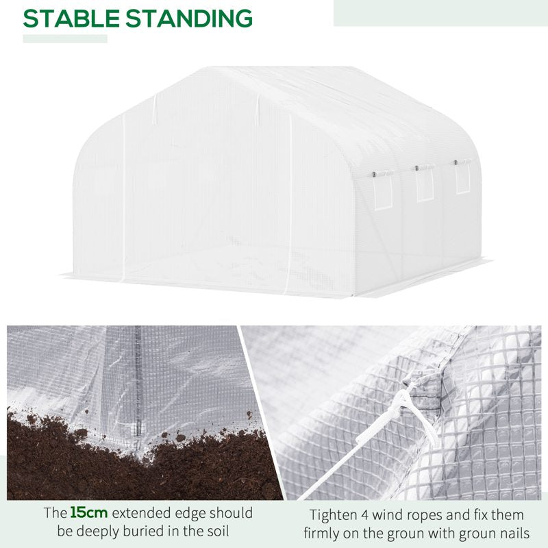 Outsunny Walk-In Polytunnel Greenhouse Warm House Garden Tunnel Shelter Plant Shed with Door and Windows, Galvanised Steel Frame, 3.5 x 3 x 2m, White