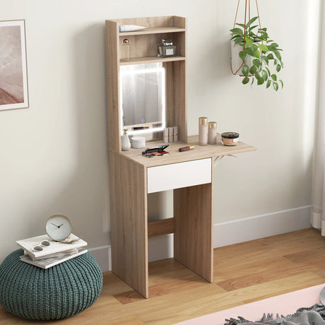 HOMCOM Small Vanity Desk with Mirror and LED Lights, Compact Dressing Table with Drop Leaf, Open Shelves, Natural Wood