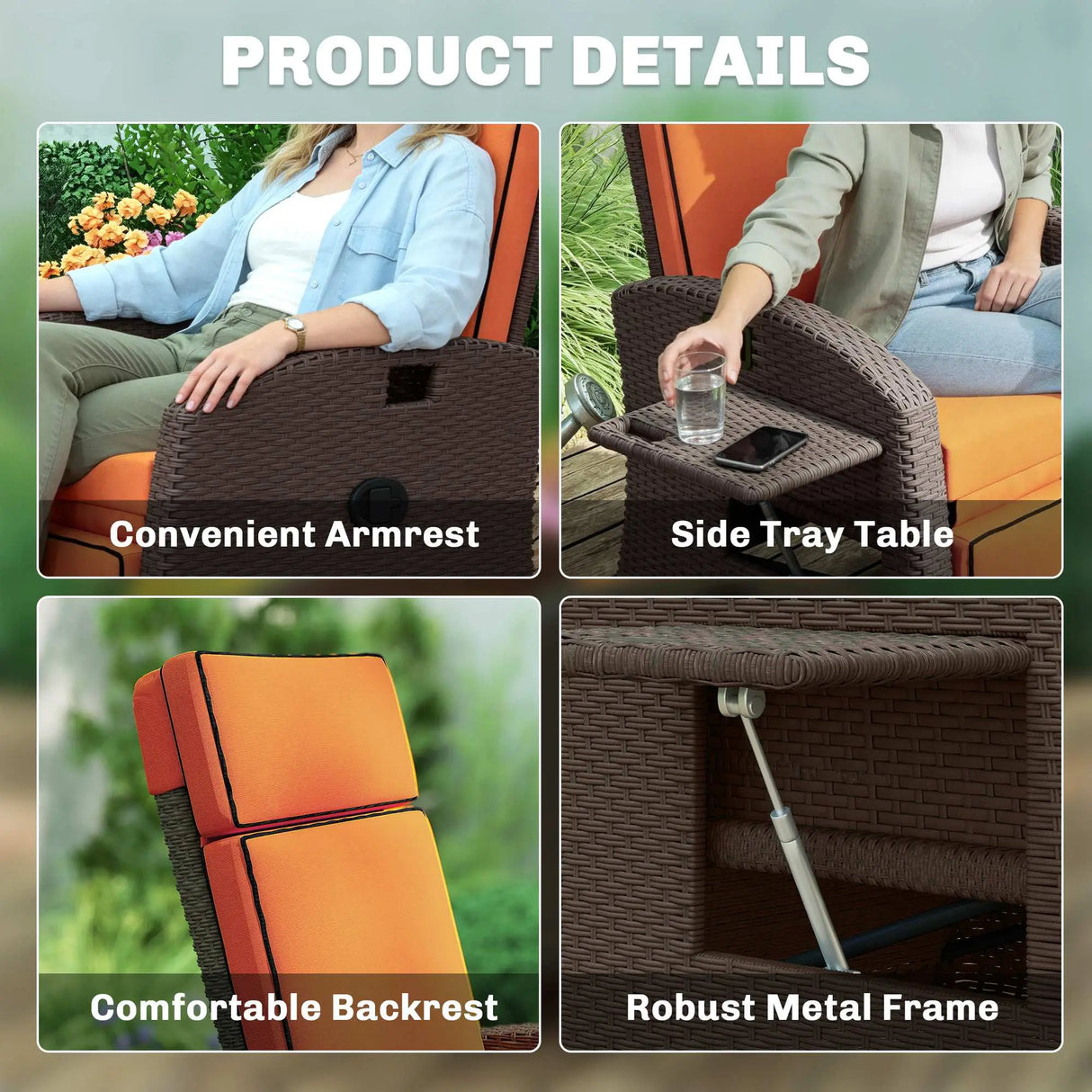 Outsunny Garden Recliner with Cushion, Outdoor Recliner Chair with Adjustable Backrest & Footrest, Side Tray, Orange