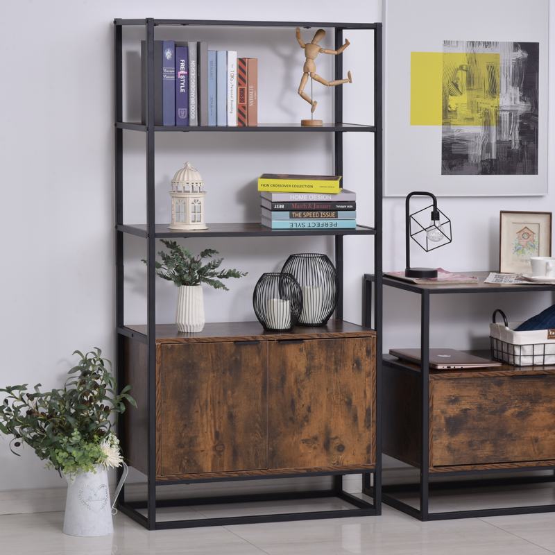 HOMCOM Industrial Bookshelf, Storage Shelf, Large Bookcase with 3 Open Shelves, Multifunctional Rack for Living Room, Office, Rustic Brown and Black