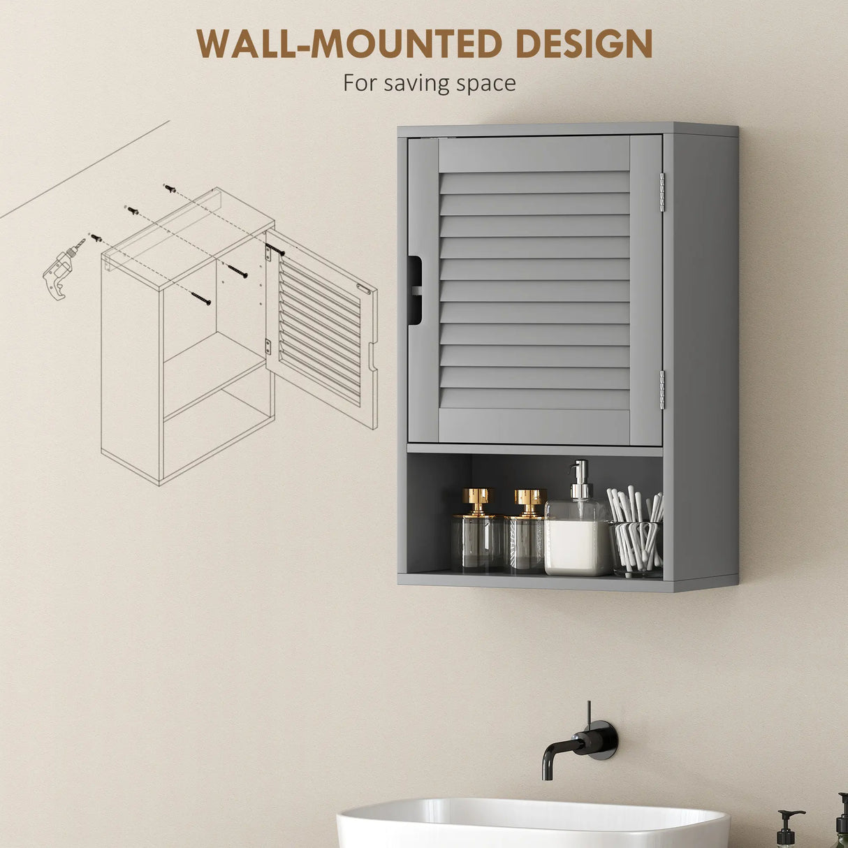 HOMCOM Bathroom Cabinet, Wall Mounted Storage Cabinet with Adjustable Shelves, 40 x 20 x 60 cm, Grey