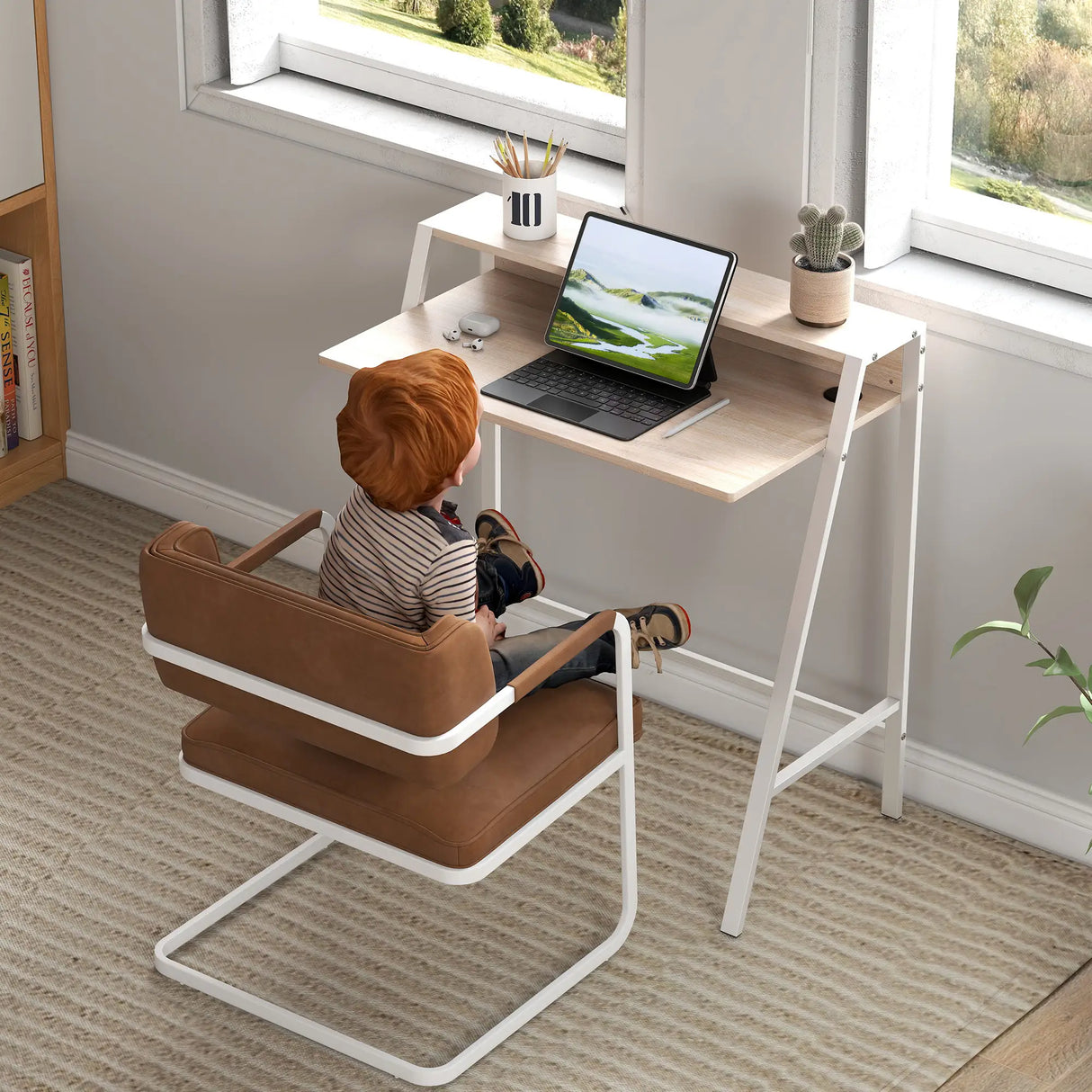 HOMCOM Writing Desk Computer Table Home Office PC Laptop Workstation Storage Shelf 84L x 45W cm White and Oak