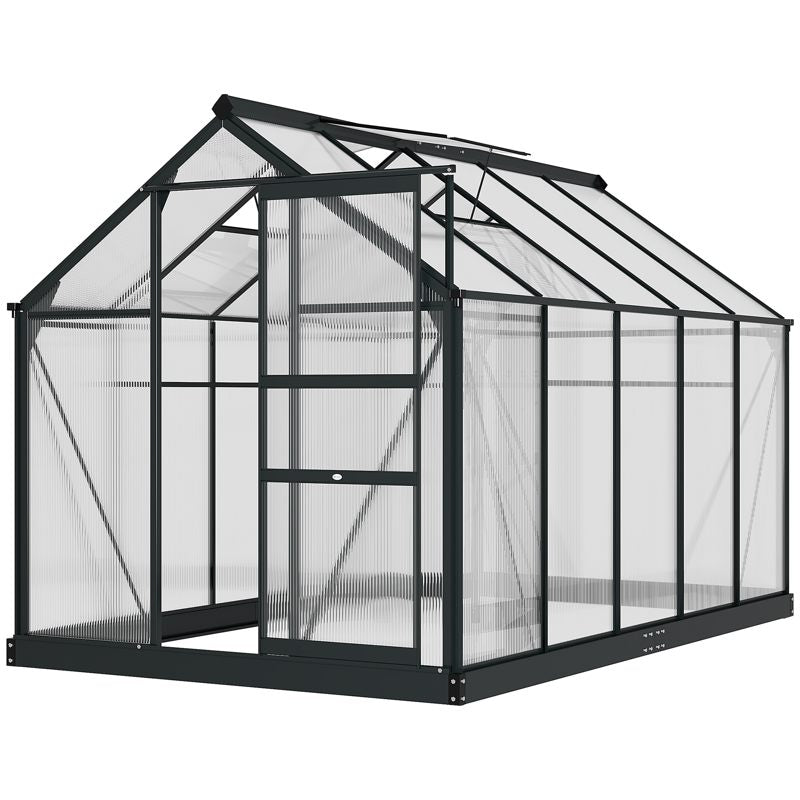 Outsunny 6 x 10ft Polycarbonate Greenhouse, Large Walk-In Green House with Slide Door and Window, Garden Plants Grow House with Aluminium Frame and Foundation, Grey