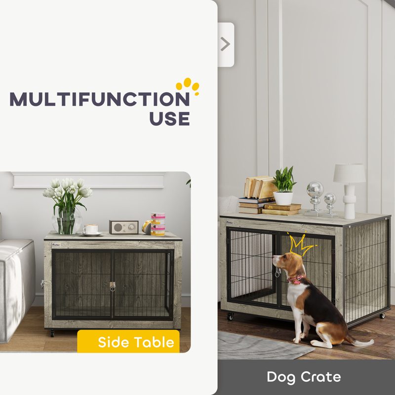 PawHut Dog Crate Furniture with Wheels, Double Doors, for Medium Dogs, 80 x 56 x 62.5cm, Grey