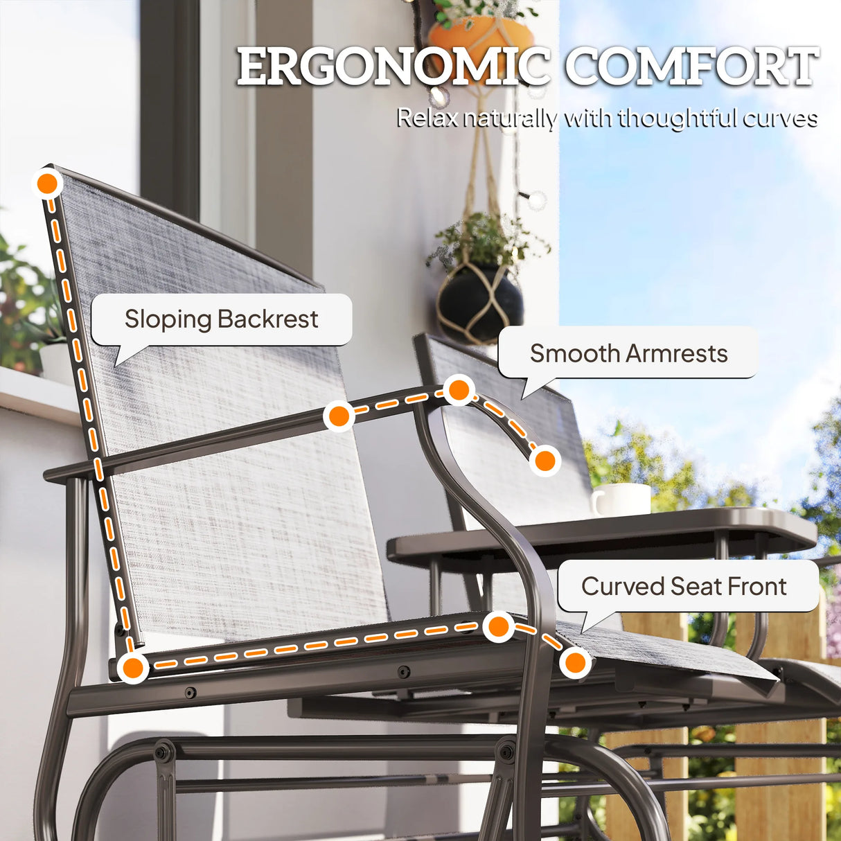 Outsunny 2 Seats Garden Glider Bench, Metal Frame Loveseat with Glass Top  Centre Table, Porch Rocking Glider for 2 Person, for Deck, Patio, Brown/ Grey