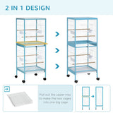 PawHut Bird Cage Budgie Cage 2 In 1 Large Aviary with Wheels Removable Trays for Finch Canaries Cockatiels Light Blue