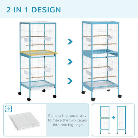 PawHut Bird Cage Budgie Cage 2 In 1 Large Aviary with Wheels Removable Trays for Finch Canaries Cockatiels Light Blue