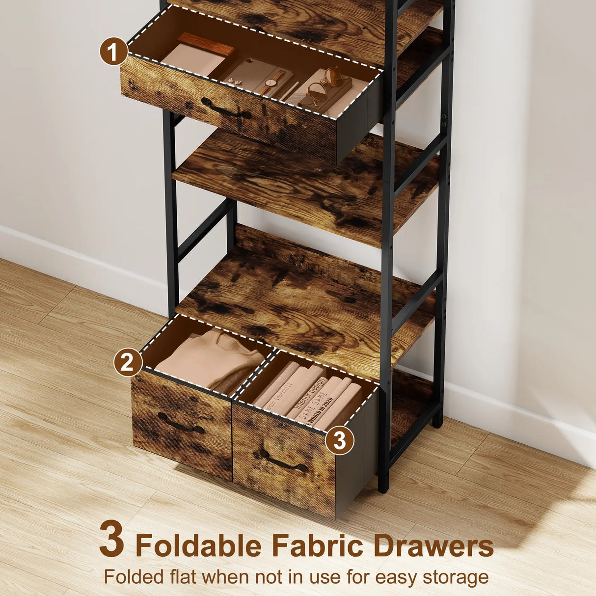 HOMCOM Industrial Style Bookcase, with 4 Shelves and 3 Fabric Drawers - Brown/Black