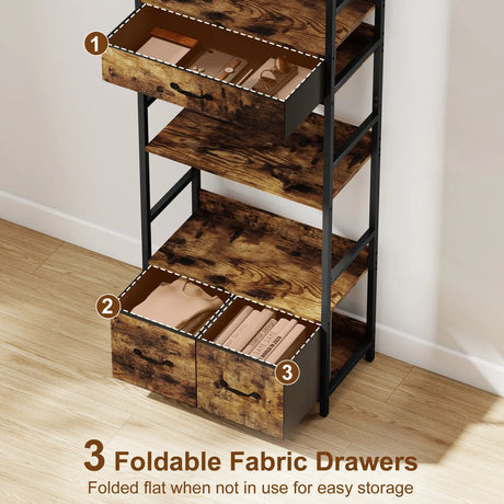 HOMCOM Industrial Style Bookcase, with 4 Shelves and 3 Fabric Drawers - Brown/Black