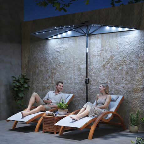 Outsunny 2.6 m Half Garden Parasol with Solar LED Lights, UPF50+ Semi Round Umbrella with 30 Tilt, Crank Handle, Dark Grey