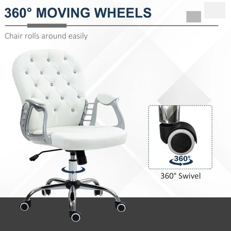 Vinsetto Office Chair Ergonomic 360 Swivel PU Diamante Padded Base 5 Castor Wheels for Home Work White