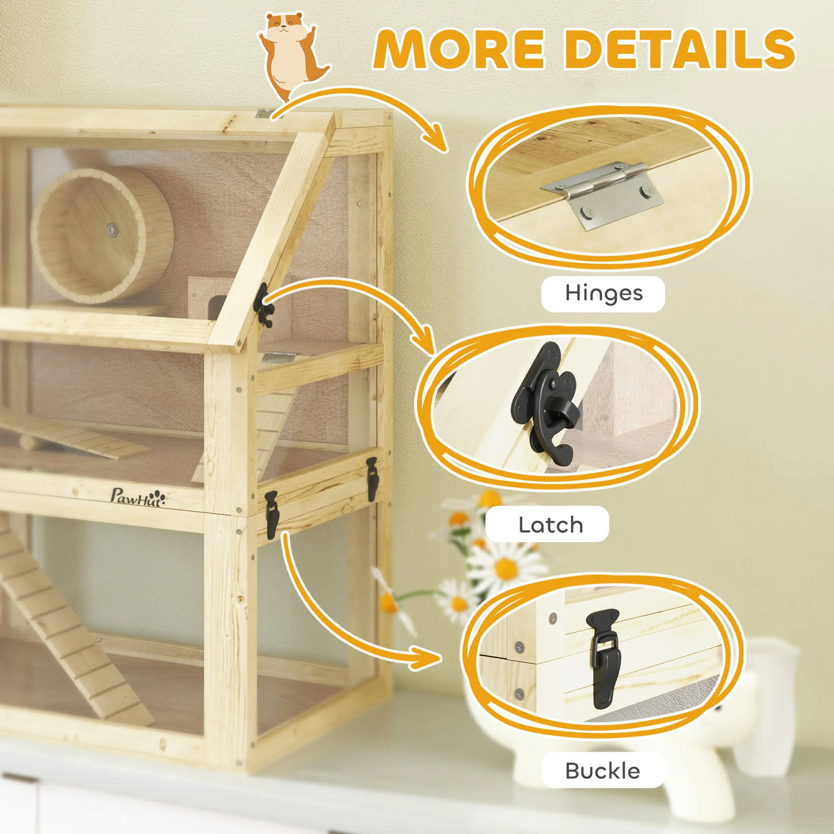 PawHut Wooden Hamster Cage with Detachable 32cm Deep Bottom, Hut, Seesaw, Exercise Wheel, Ramp, 60 x 40 x 75cm, Natural