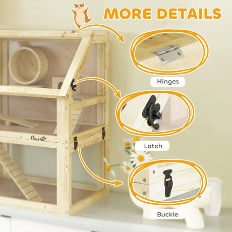 PawHut Wooden Hamster Cage with Detachable 32cm Deep Bottom, Hut, Seesaw, Exercise Wheel, Ramp, 60 x 40 x 75cm, Natural