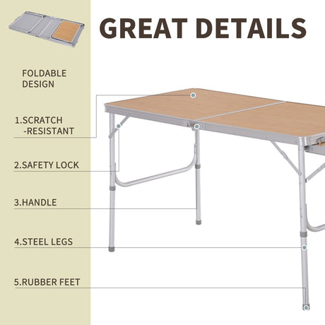 Outsunny Aluminium MDF-Top 4ft Folding Portable Outdoor Table Silver