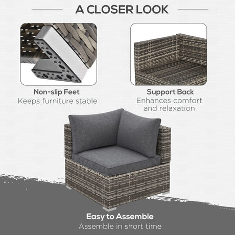 Outsunny Outdoor PE Rattan Corner Sofa, Garden Wicker Furniture Single Sofa Chair w/ Cushions, Deep Grey