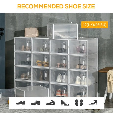 HOMCOM 18PCS Clear Shoe Box, Plastic Stackable Shoe Storage Box for UK/EU Size up to 12/46 with Magnetic Door for Women/Men, 28 x 36 x 21 cm
