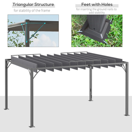 Outsunny 4 x 3(m) Outdoor Pergola with Retractable Roof, Aluminium Louvered Patio Gazebo Canopy for Lawn Garden Patio, Grey