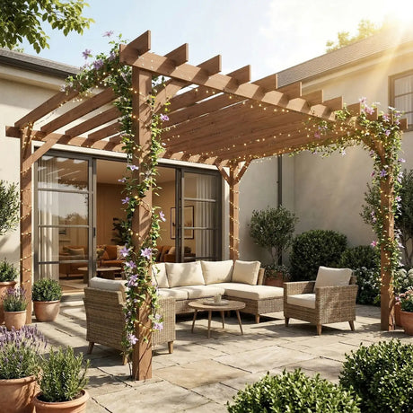 Outsunny 3 x 3 m Wooden Pergola Kit, Garden Pergola Gazebo Grape Trellis with Triangle Supports, Maple Wood-effect