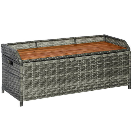 Outsunny Patio Wicker Storage Bench Box, Outdoor Garden PE Rattan Pool Storage Deck Bin Box w/ Natural Wood Top, Lid, Ideal for Storing Tools, Accessories and Toys, Mixed Grey