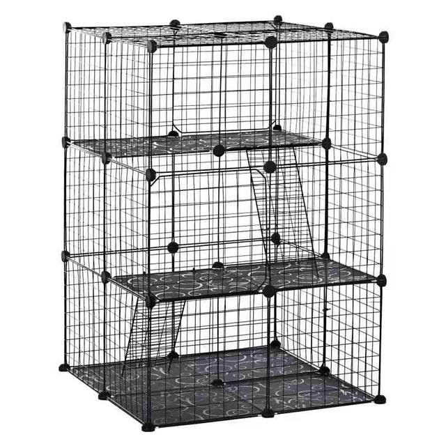 PawHut Pet Playpen DIY Small Animal Cage Enclosure Metal Wire Fence 39 Panels with 3 Doors 2 Ramps for Kitten Bunny Chinchilla Pet Mink Black