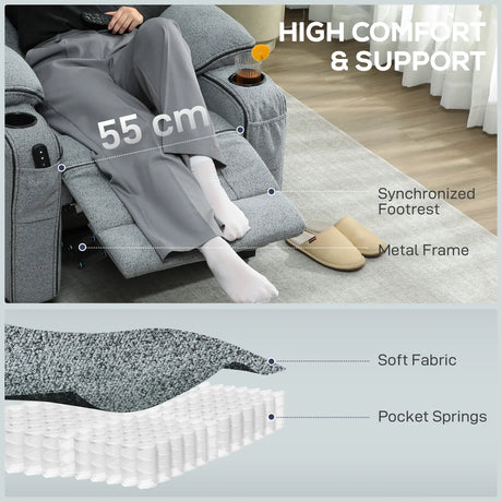 HOMCOM Electric Massage Recliner Armchair with Vibration, Heat, Whisper-Quiet Motor, Memory Function, Velvet Power Reclining Chair with Spring Pack, USB Port, Footrest, Side Pocket, Cup Holders, Grey