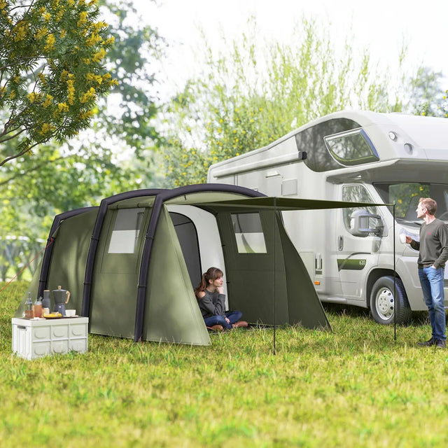 Outsunny Inflatable 3-4 Man Tunnel Tent w/ Air Pump, Living Area & Vestibule, Waterproof Family Camping Air Tent w/ Sewn In Groundsheet & Removable Footprint for Camping, Hiking, Olive Green