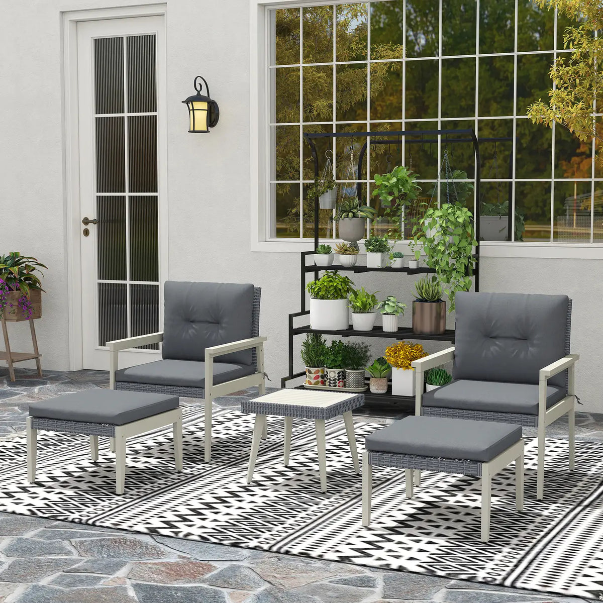Outsunny Five-Piece Rattan Patio Set, with Wood-Top Table - Grey