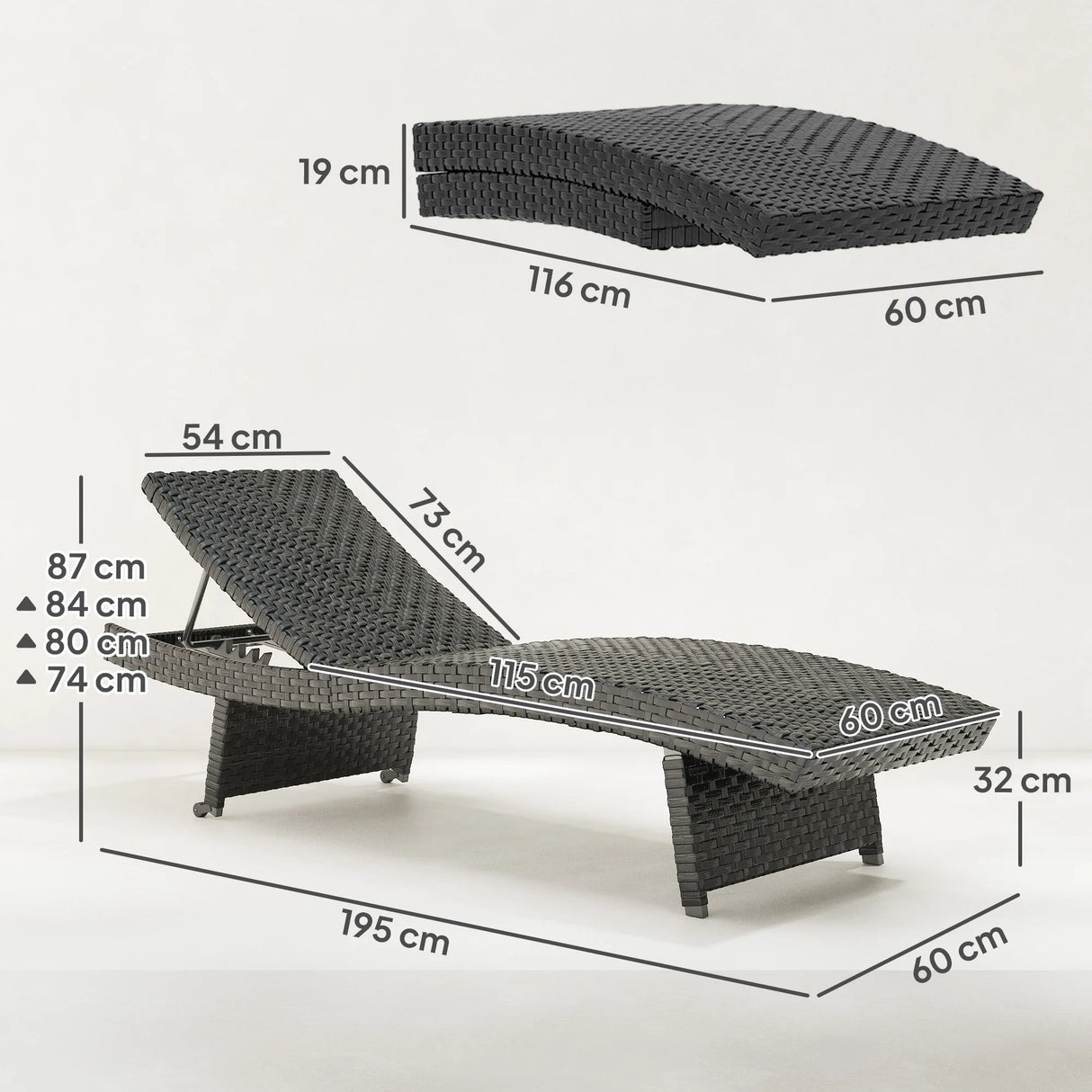 Outsunny Outdoor PE Rattan Sun Lounger, Folding Wicker Garden Lounger Recliner with 4-Level Adjustable Backrest, Rolling Sunbed Lounge Chair with Wheels, Non-Slip Legs for Balcony, Beach, Black