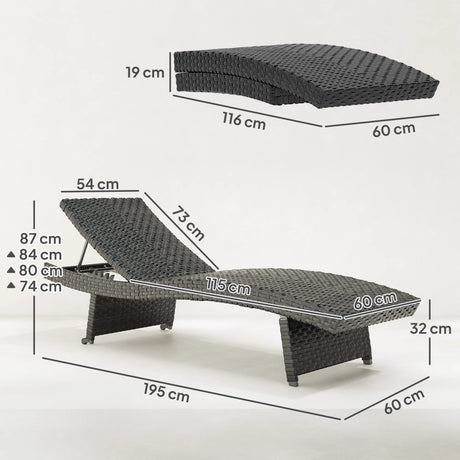 Outsunny Outdoor PE Rattan Sun Lounger, Folding Wicker Garden Lounger Recliner with 4-Level Adjustable Backrest, Rolling Sunbed Lounge Chair with Wheels, Non-Slip Legs for Balcony, Beach, Black