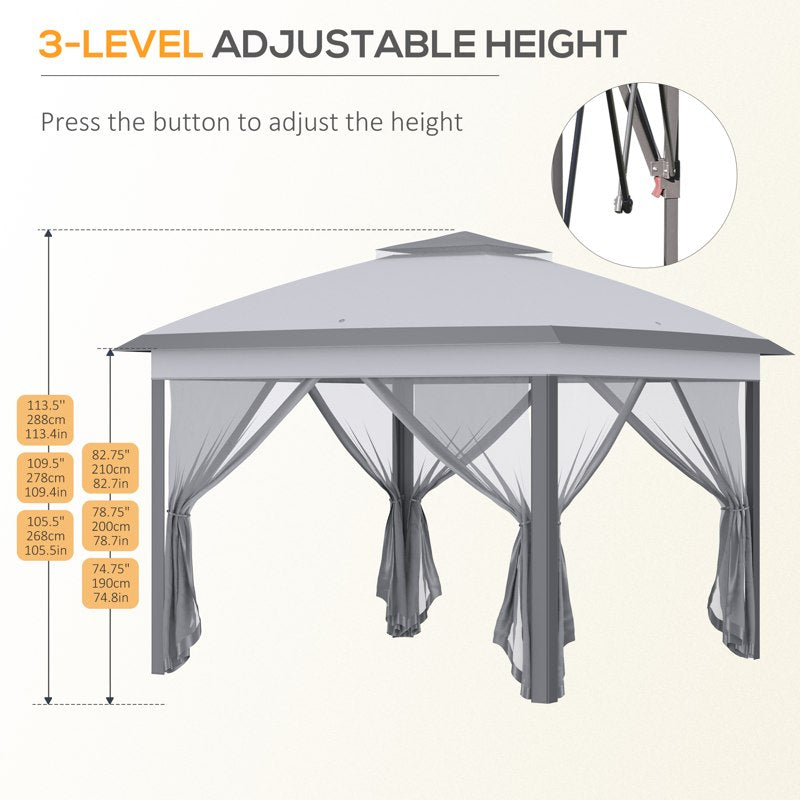 Outsunny 3.3 x 3.3m Pop Up Gazebo, Double Roof Foldable Canopy Tent with Zipped Mesh Sidewalls, Height Adjustable and Carrying Bag, Event Tent for Patio Garden, Grey