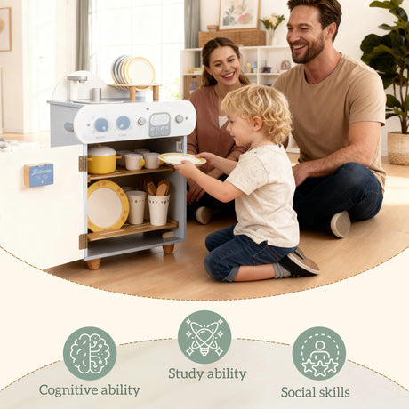 AIYAPLAY Wooden Dishwasher Playset, Kitchen Sink Toys with Faucet, Sink and Accessories, Gift for Boys Girls Toddlers