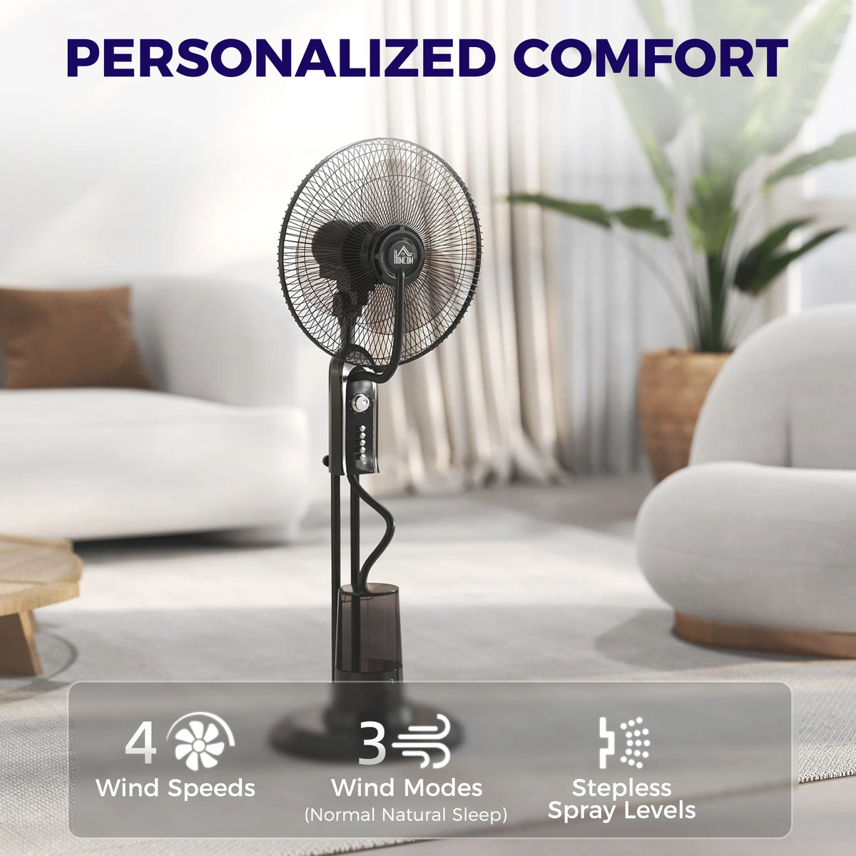 HOMCOM Pedestal Fan with Water Mist Spray, Spray Misting Fan with 70 Oscillation, Tilt Head, 3 Speeds, 3 Modes, Adjustable Mist, 3.2L Water Tank, for Home, 120 cm