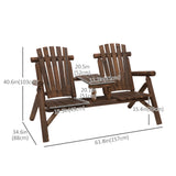 Outsunny Wood Patio Chair Bench 2 Seats Jack and Jill Seat w/ Center Coffee Table, Garden Bench, Carbonized