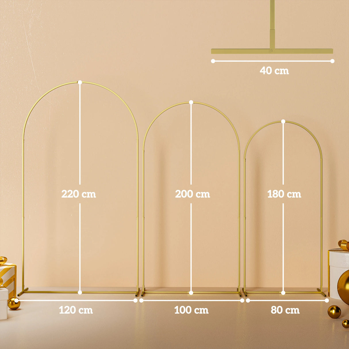 Outsunny Wedding Arch Frame Set, 2.2, 2, 1.8 m Metal Arch Backdrop Stand Set of 3, Balloon Arch Stand Set for Birthday Party, Bridal Shower, Graduation, Ceremony, Banquet Decorations, Gold Tone