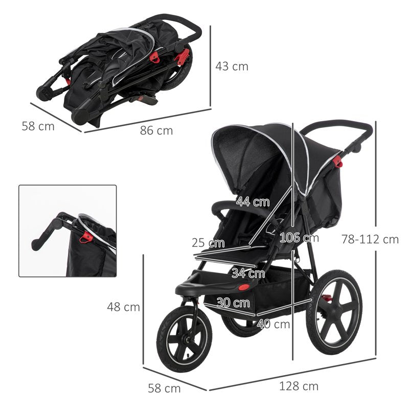 HOMCOM Foldable Three-Wheeler Baby Stroller w/ Canopy, Storage Basket - Black