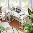 HOMCOM 120cm Computer Desk with Power Outlets, Office Desk Study Table with 3 Fabric Drawers and 4 Storage Shelves, White