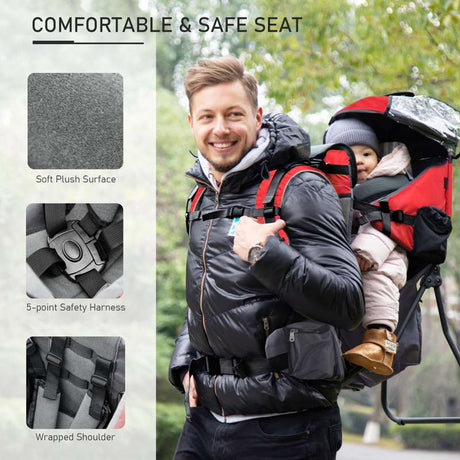 HOMCOM Baby Hiking Backpack Carrier Child Carrier with Ergonomic Hip Seat Detachable Rain Cover Adjustable Straps Stand for Toddler 6 - 36 Months Red