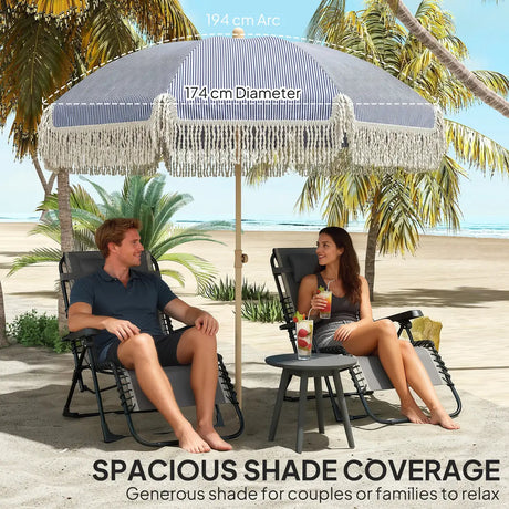 Outsunny 1.7 m Beach Umbrella with Sand Anchor, 30 Tilting Fringed Beach Garden Parasol with Adjustable Height, Blue