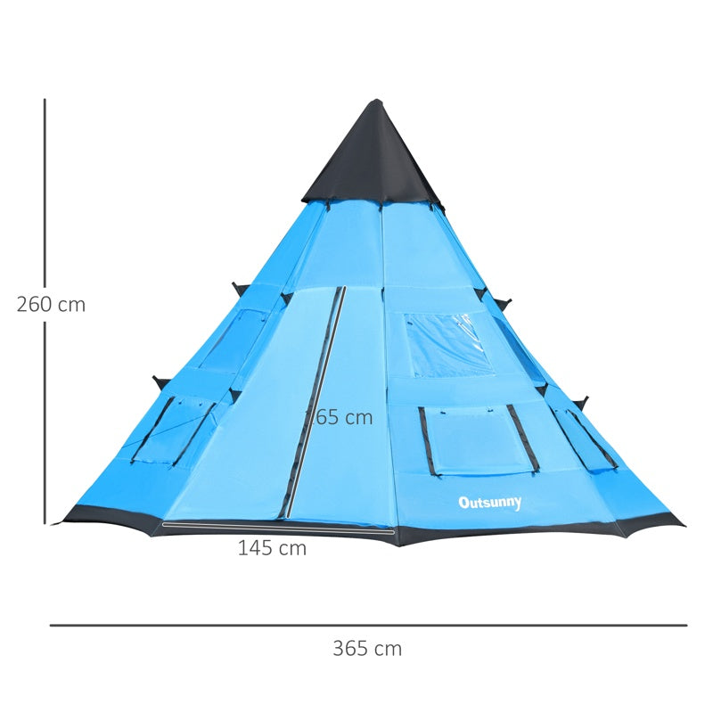 Outsunny 6 Men Tipi Tent, Camping Tent, Teepee Family Tent with Mesh Windows, Sewn-in Tent Floor, Two Doors and Carry Bag, Easy Set Up, for Hiking Picnics Outdoor Night, Blue